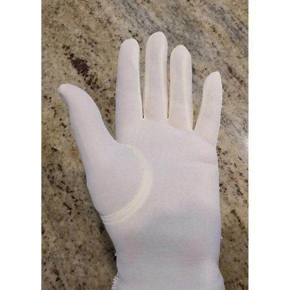 New? Vintage One Size Fits Cream Stretch Nylon Formal 8" Gloves Silver Tone Bead - Picture 14 of 16